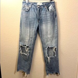 Free People Blue Boyfriend Jeans with Distressed Details